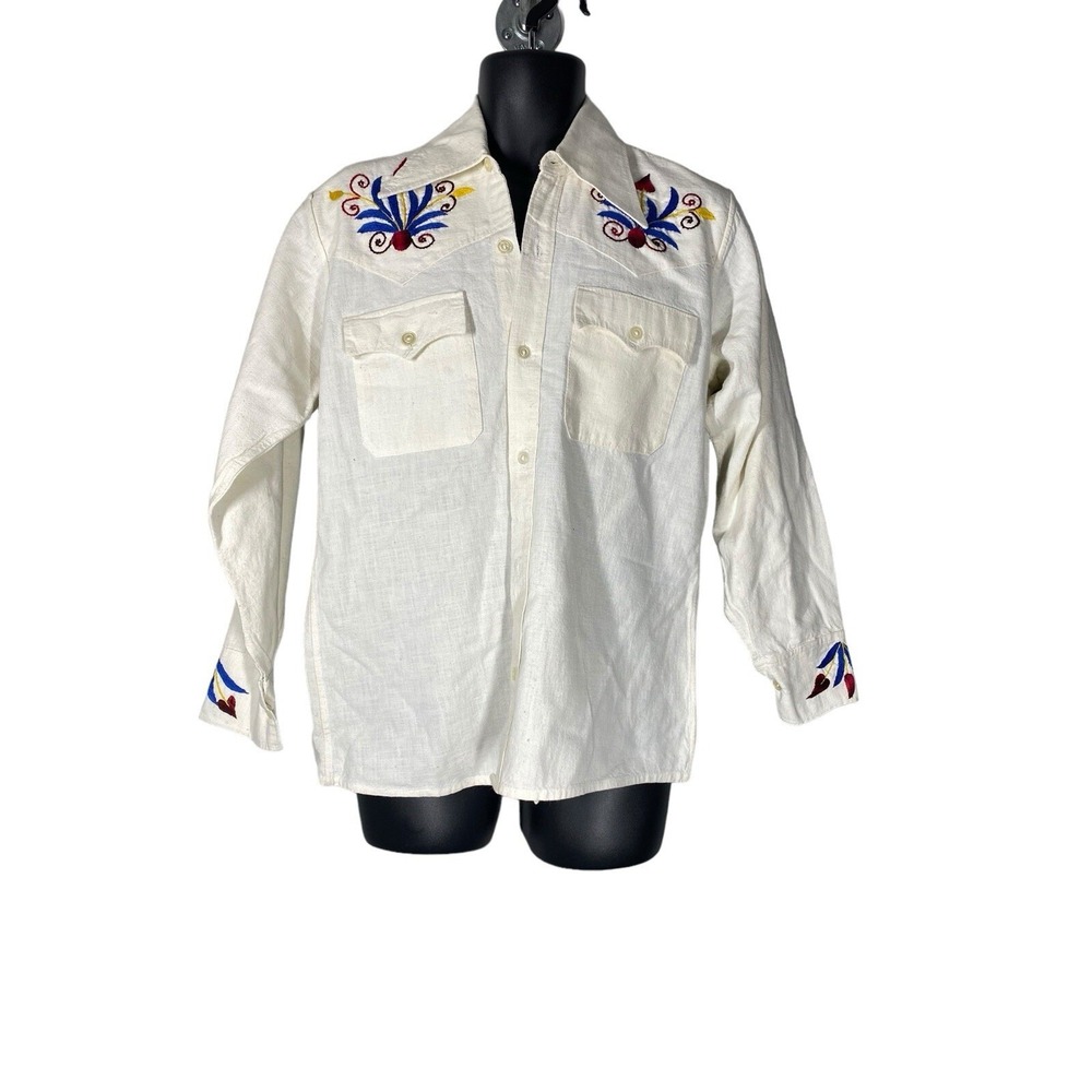 Handmade Western Shirt Mens L White Good Embroidered Floral Cotton Ecuador